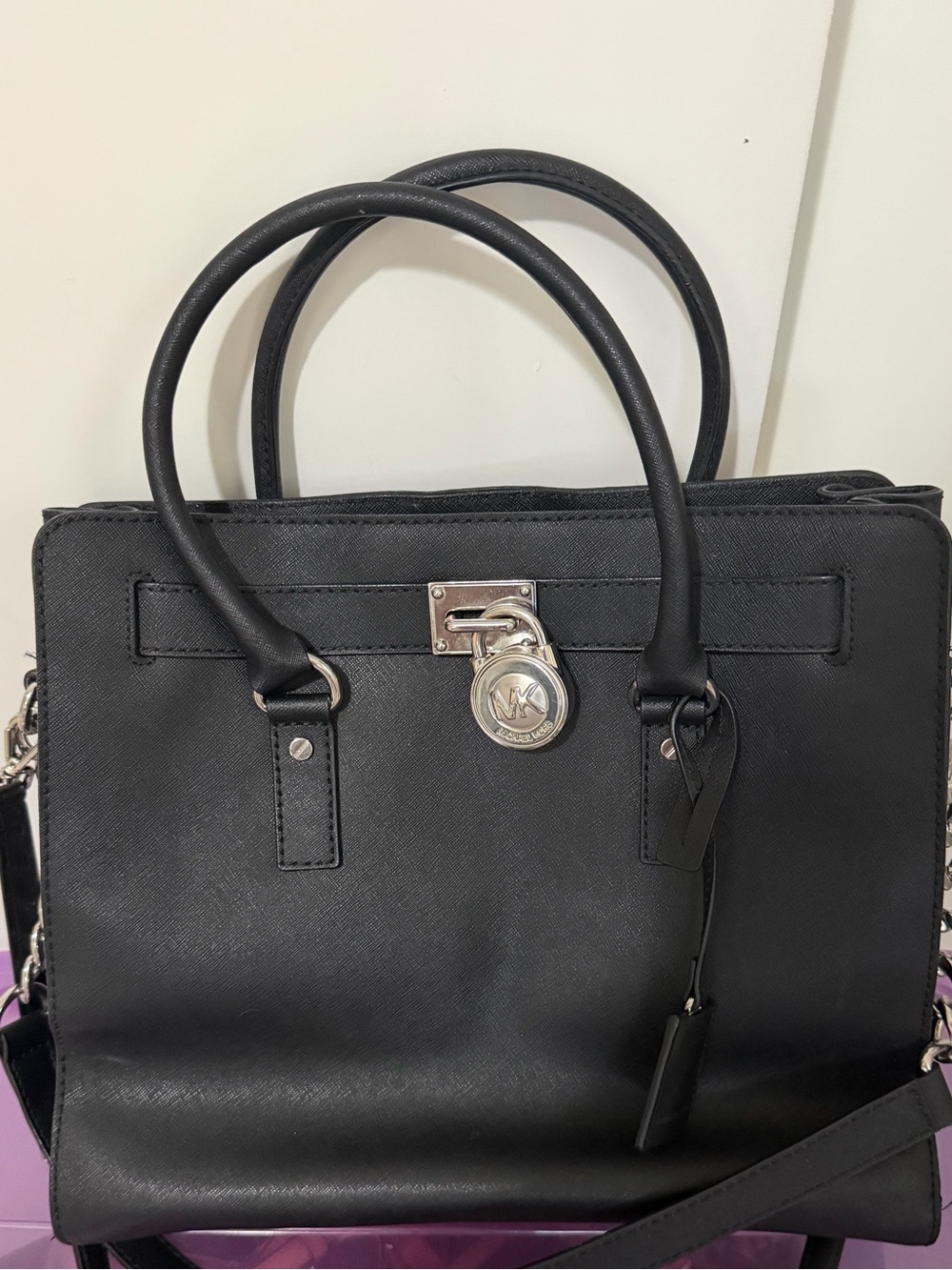 Michael Kors Black Saffiano Satchel with Silver-Tone Lock Charm